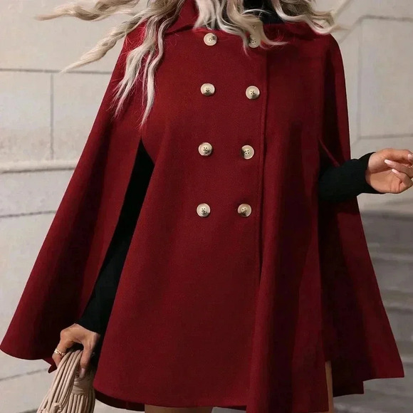 Burgundy Elegant Women's Double Breasted Cape Sleeve Woolen Coat - Picture 5 of 6